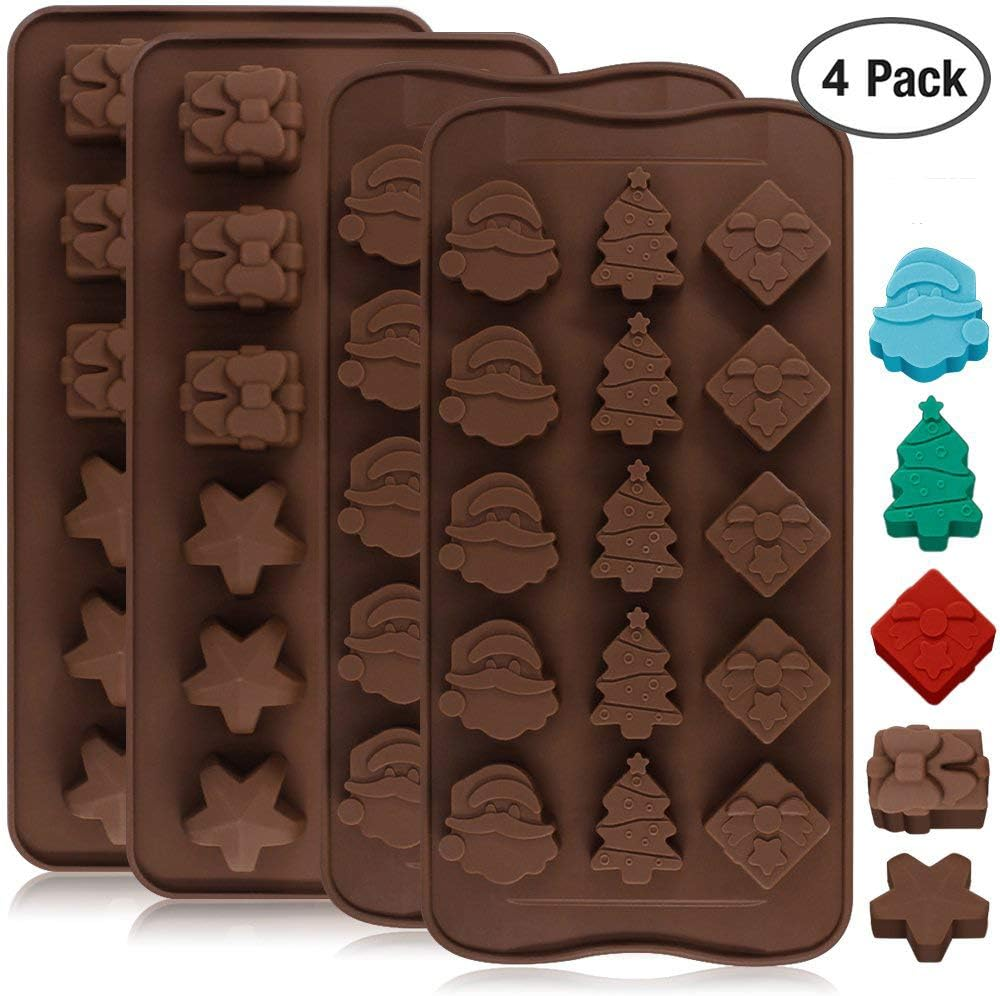 4 Pack Christmas Chocolate Molds, Danzix Chocolate Candy Molds, Cake Decoration, with Shapes of Star, Gift Box, Christmas Tree, Santa Head for Christmas Xmas New Year Cake Decoration image number 1