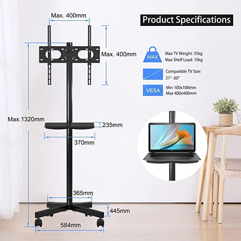 Mobile TV Carts on Wheels for 21-60 Inch Flat/Curved Panel Screens Tvs - Height Adjustable Floor Trolley Stand with Shelf Holds up to 77Lbs - Max VESA 400X400Mm (ML55A) - Ml55Aw image number 6
