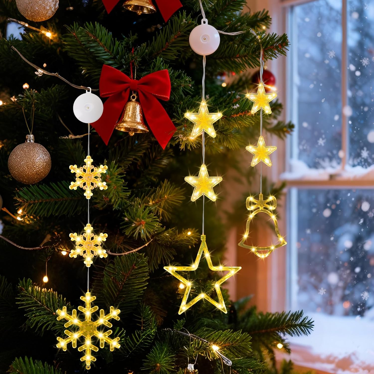Yizhet Pack of 3 Stars Bell Snowflakes LED Stars Christmas Lights Christmas Star Window Fairy Lights Battery for Birthday Wedding Party Christmas Decoration image number 2