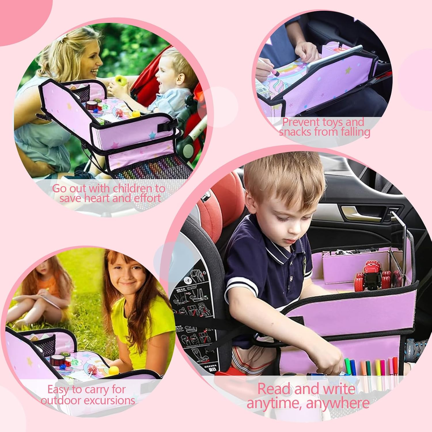 Kids Car Seat Organizer Travel Tray, Toddler Car Seat Play Tray Organizer, Portable Large Multifunction Backseat Tray Table Holder, Drawing, Food & Snack Lap Tray Carseat for Child (Pink) image number 1