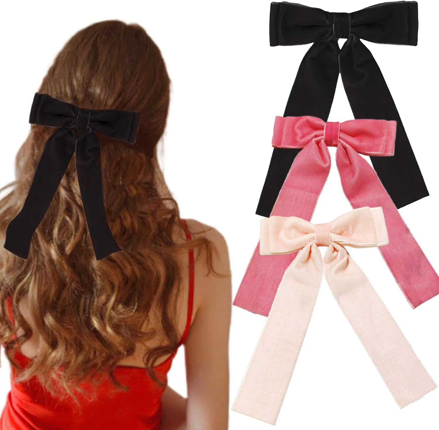 3 Pcs Velvet & Satin Bow Hair Clips Set - Large Vintage French Hairpins for Women & Girls - Handmade Ribbon Bowknot Clips, Perfect for Everyday & Special Occasions image number 2