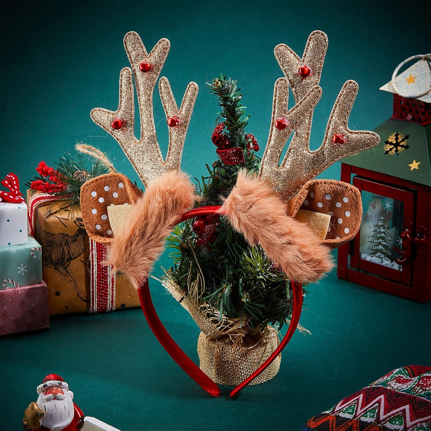 NICENEEDED Reindeer Antlers Headband Cute Plush Christmas Headband with Deer Antlers Halloween Party Cosplay Costume Decorations for Adults image number 3