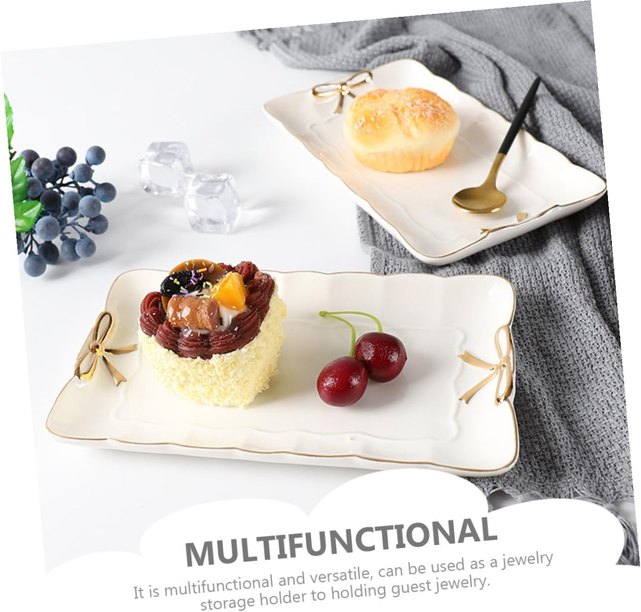 FRCOLOR Elegant Ceramic Jewelry Tray with Lace Edge Multi-Purpose Dessert Serving Dish and Appetizer Plate for Coffee Table Vanity Dining Kitchen and Home White Decorative Platter