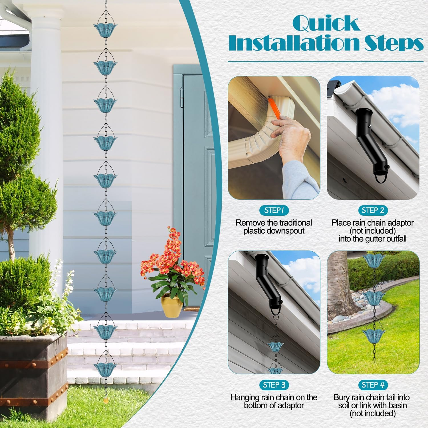 Tfro & Cile Tulip Rain Chain Gutter Downspout Substitution Decorative Garden Rainwater Diverter Home Decor for Garden Backyard - 8 1/2 Feet Long image number 6