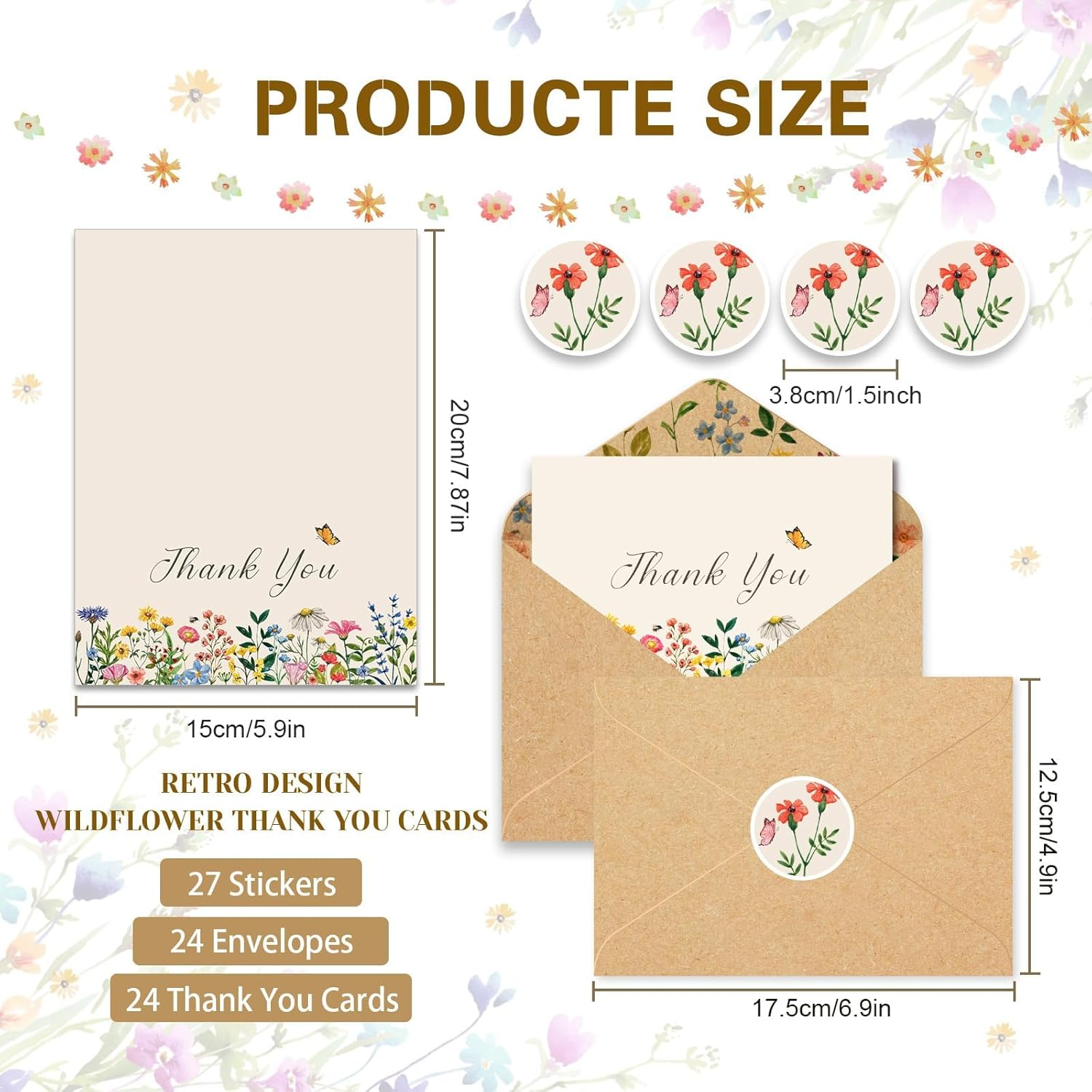 Wildflower Thank Cards with Envelopes,24 Pack Bulk,4X6 Inch,Kraft Envelopes,Wax Seal Stickers,Flower Greeting Cards with Envelopes Set,Butterfly Thank You Cards,For Baby Shower,Wedding,Bridal Shower,Graduation,Birthday,Funeral,Small Business,Gift image number 4