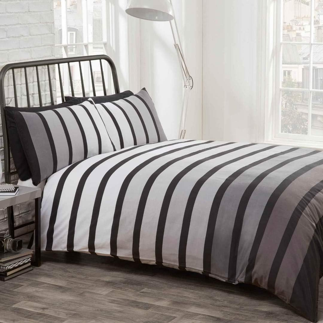 Rapport Soho Black Stripe Duvet Cover Quilt Bedding Set, Black White Grey, Double Size By image number 5