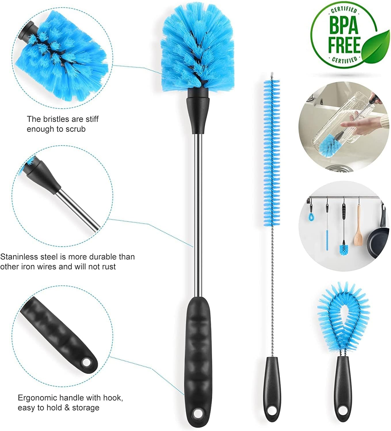 Bottle Brush Cleaning Set, Long Handle Bottle Cleaner for Washing Narrow Neck Beer Bottles, Wine Decanter, Narrow Cup, Pipes, Hydro Flask Tumbler, Sinks, Cup Cover Pack of 5 image number 5