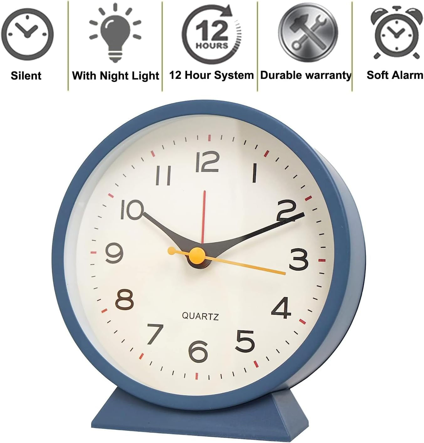 SHISEDECO 4.5" Battery Operated Antique Retro Analog Alarm Clock, Small Silent Bedside Desk Metal Clock with Light Function, Non-Ticking Clock Decor for Living Room,Bedroom,Bedside,Shelf (Navy Blue) - Orange image number 7