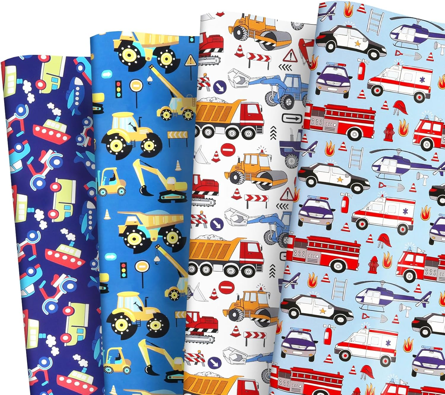 ZCOINS 4 Sheets 70 X 50CM Vehicle Wrapping Paper for Kids Mens Police Car Ambulance Fire Truck and Helicopter Emergency City Rescue Theme Transport Gift Paper Bulk for Birthday Party DIY Crafts Supply image number 4