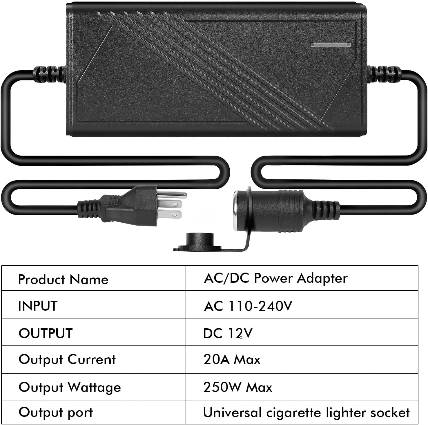 AC to DC Converter 250W(Pro Max) 12V 20A AC 110V~240V to DC 12V Converter Car Cigarette Lighter Socket Transformer AC/DC Power Adapter for Car Refrigerator, Vacuum Cleaner, Tire Inflator and More