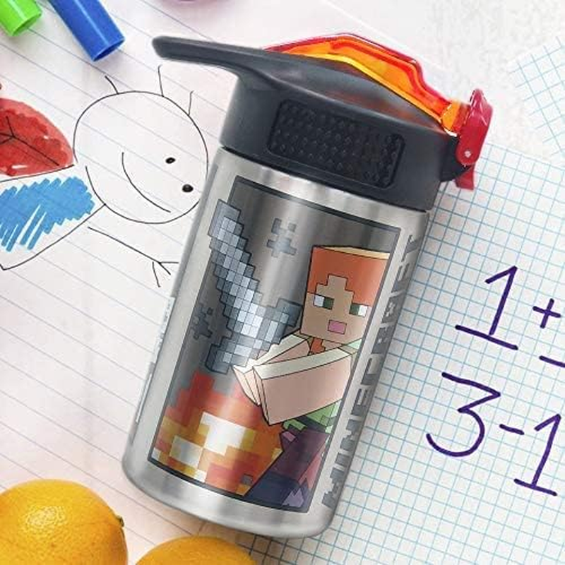 Zak Designs Minecraft - Stainless Steel Water Bottle with One Hand Operation Action Lid and Built-In Carrying Loop, Kids Water Bottle with Straw Spout Is Perfect for Kids (15.5 Oz, 18/8, Bpa-Free) image number 2