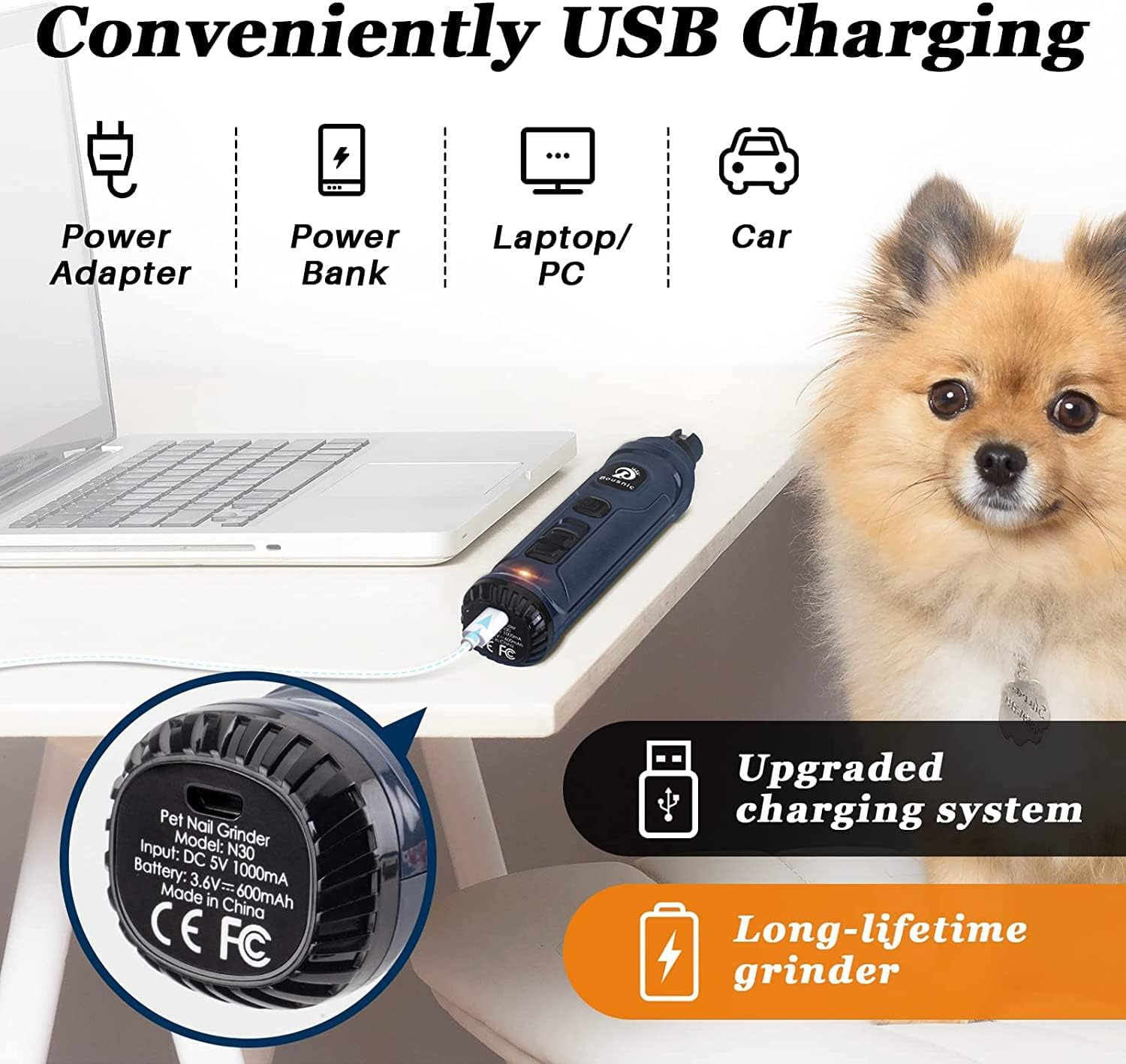 Bousnic Dog Nail Grinder and Clipper Kit - 2-Speed & 2 LED Lights Electric Rechargeable Pet Nail Trimmer Painless Paws Grooming & Smoothing for Small Medium Large Dogs & Cats image number 6