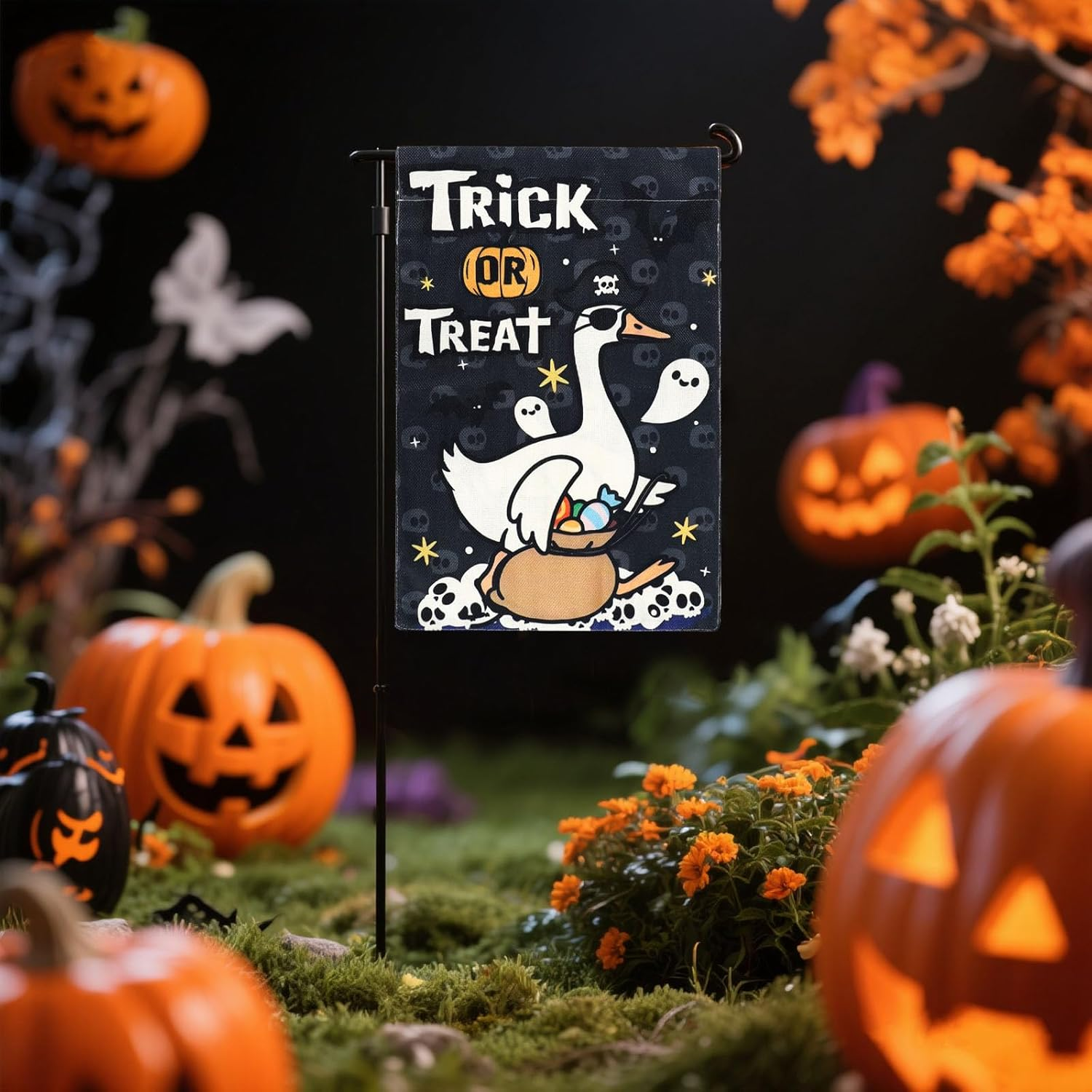 Halloween Garden Flag, 12X18 Inch Funny Trick-Or-Treat Halloween Goose Flag Colorful Double Sided Garden Decorations for Party Holiday Outdoor Yard Home Decor image number 1