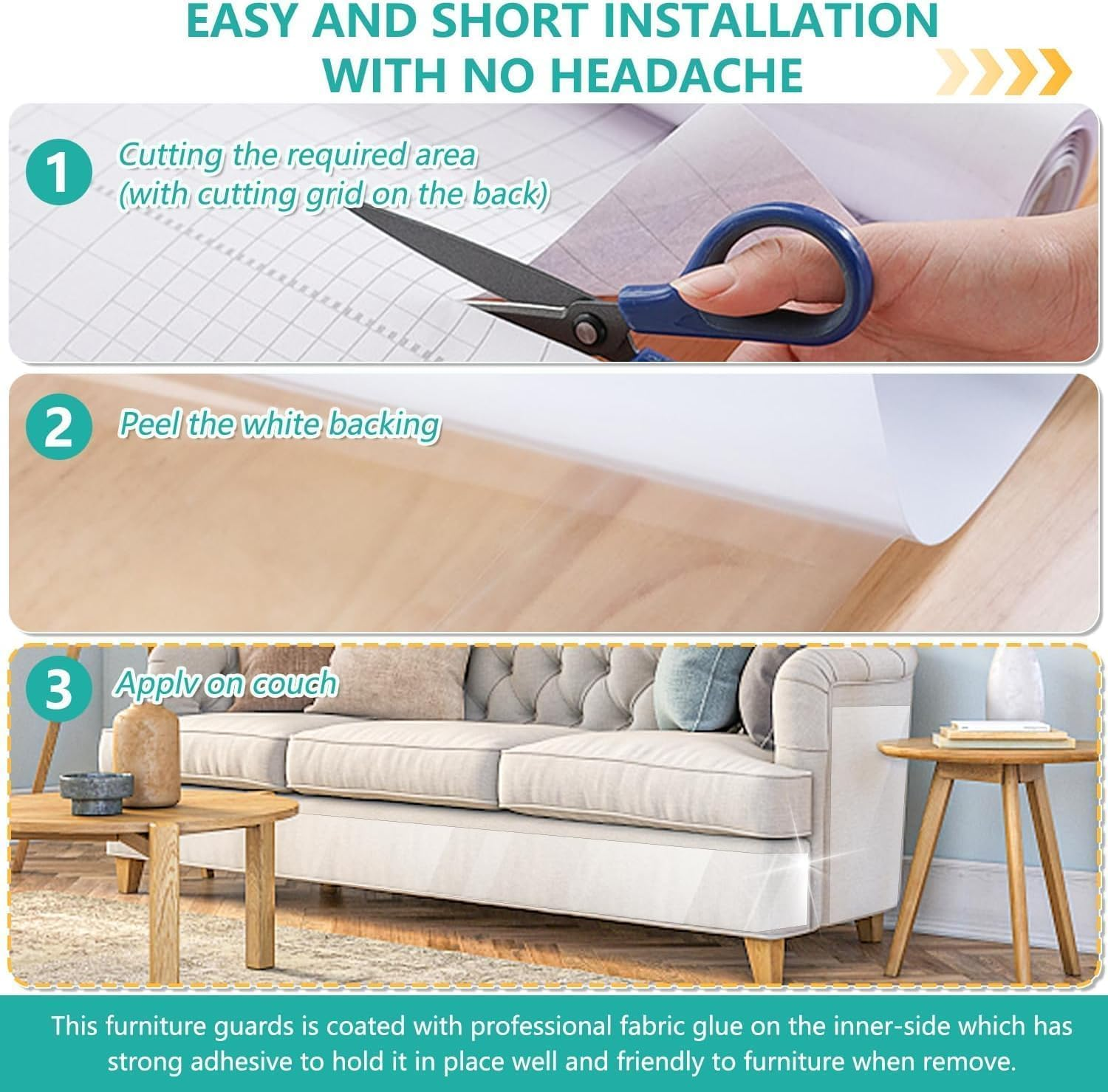 Heyinova Cat Scratch Furniture Protector,Cat Scratch Furniture Protector,100% Transparent Cat Scratches Deterrent Tape,Furniture Protector for Couch,Suitable for Sofas/Walls/Mattresses(500 * 30Cm) image number 5