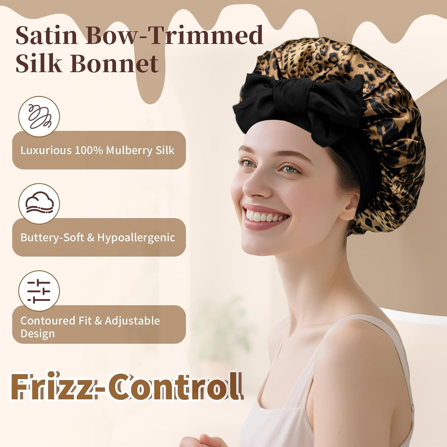 Novvia Silk-Like Satin Sleep Cap &ndash; Double-Layer Reversible Bonnet for Sleeping, Anti-Frizz Protection for Curly Hair, Smooth and Breathable Sleeping Cap for Night Use-Leopard Print+Black image number 6