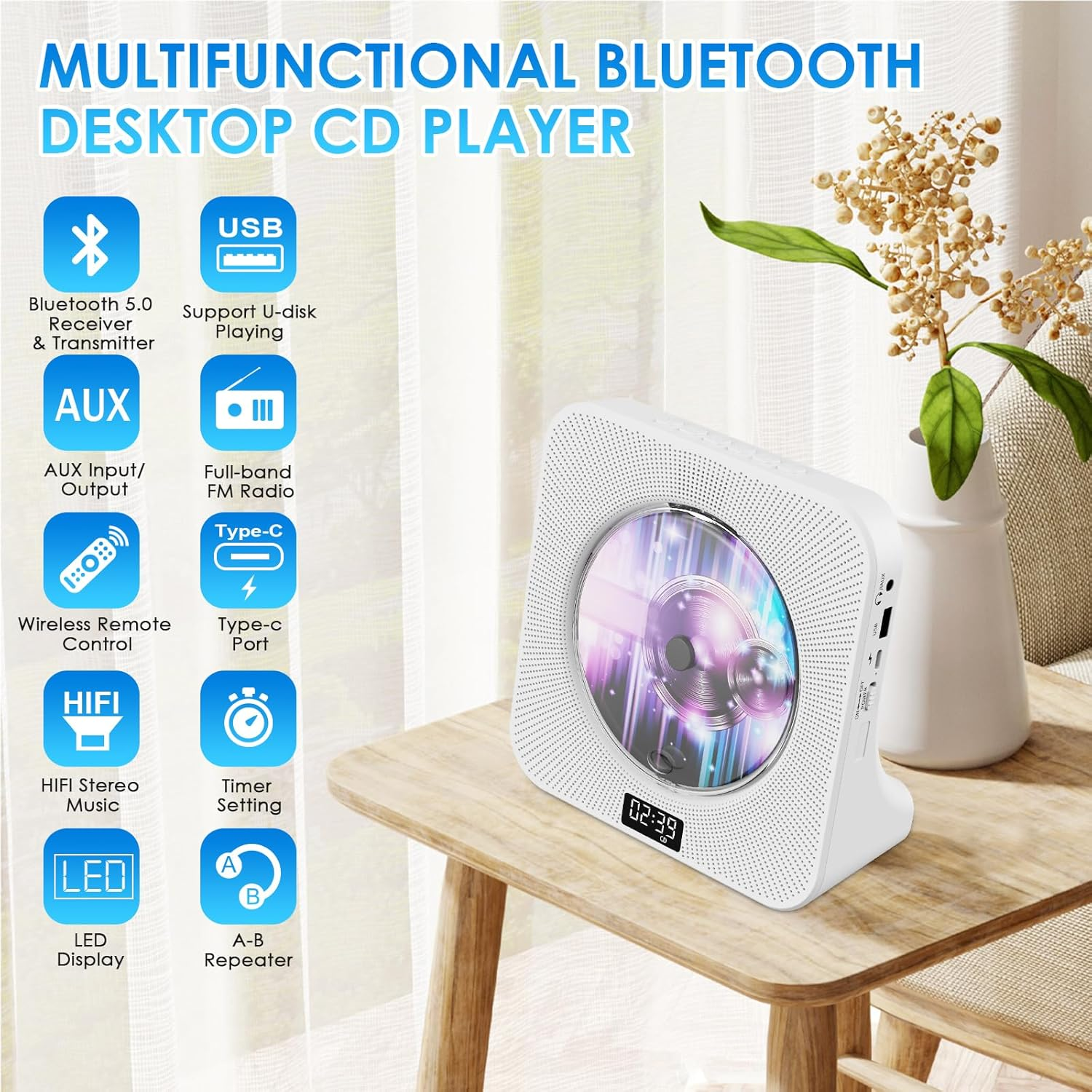 Gueray Desktop CD Player Bluetooth CD Player with Speakers for Home, Portable CD Player with AUX USB Headphone Jack FM Radio Multifunctional CD Player with Remote Control, LCD Display for Kids Gift image number 1