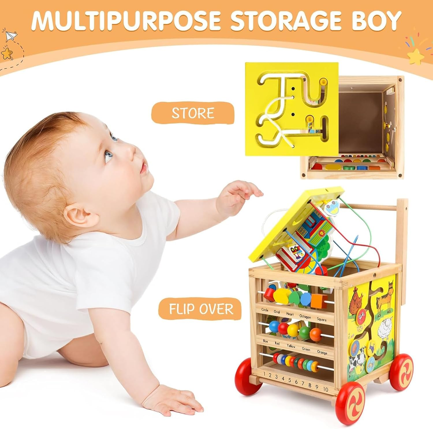 Wooden Activity Cube 6 in 1 Wooden Baby Walke Montessori Toys Educational Learning Sensory Toys for 1 Year Old Baby Toddler Kid Boy First Birthday Gift, Bead Maze Shape Sorter Abacus image number 5