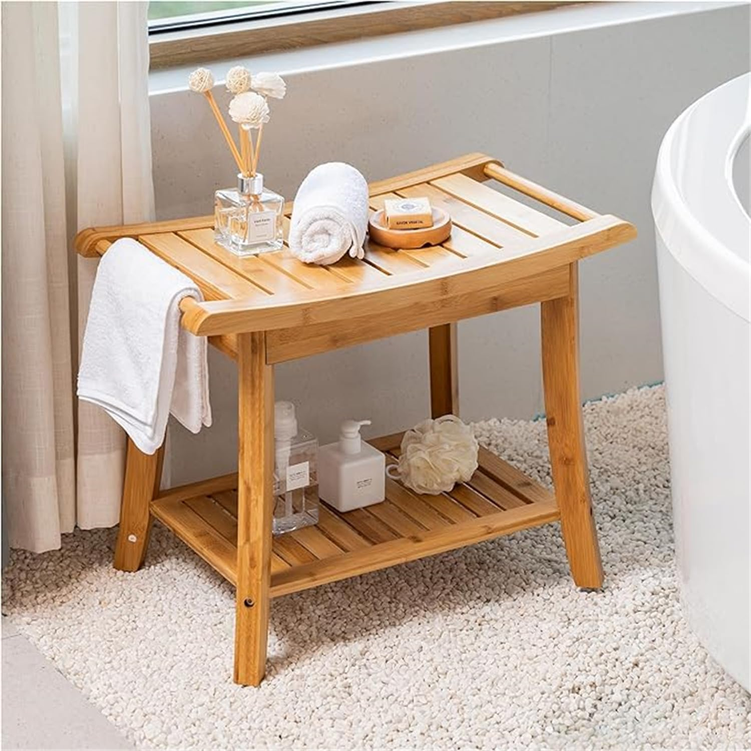 Portable Wooden Spa Bathing Stool with Storage Towel Shelf, Waterproof, Waterproof Shower Spa Chair Seat Bench Organizer Stool with Non-Slip Feet for Indoor or Outdoor(60 X 30 X 45 Cm) image number 1