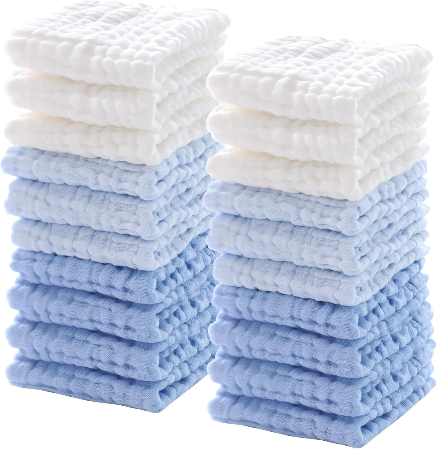 Breling 20 Pcs Baby Muslin Washcloth 12 X 12 Inch 100% Cotton Soft and Absorbent Muslin Washcloth Burp Cloth Wipe Newborn Face Towel for Baby Boy Girl Sensitive Skin(White, Light Blue, Blue) image number 4