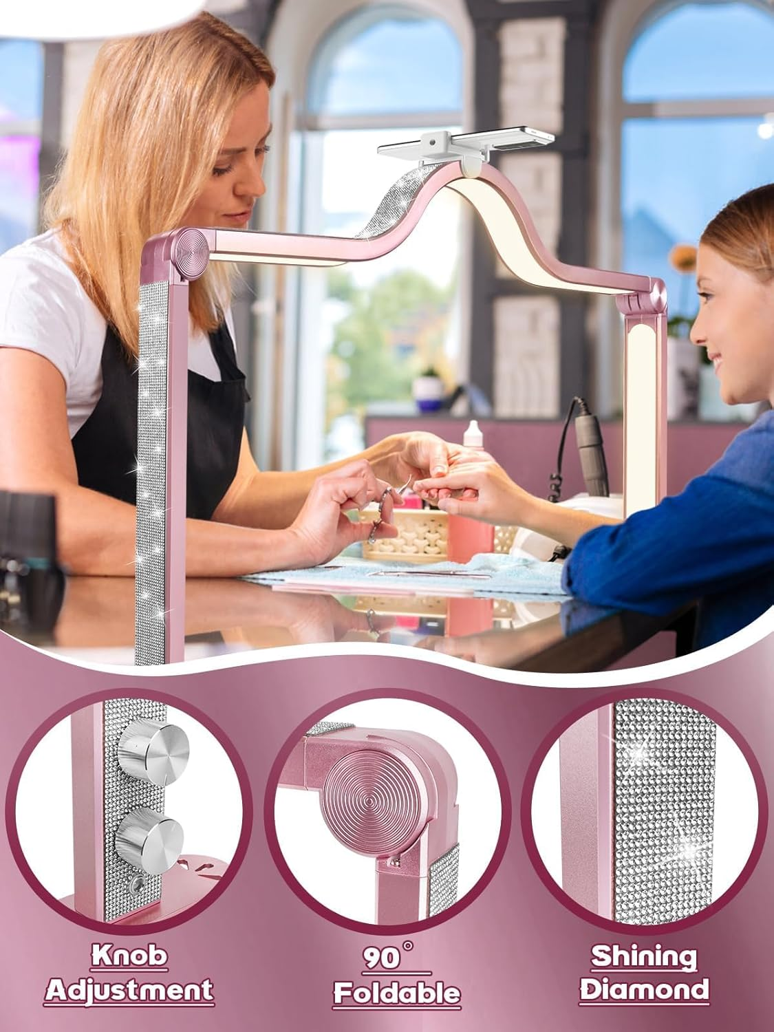 Kalolary Half Moon Light for Nail Desk, Foldable Arch Light Nail Techs Lamp with Phone Holder, 3000-6000K Brightness Adjustable LED Lash Lamp for Beauty Eyelashes Tattoos Rose Gold