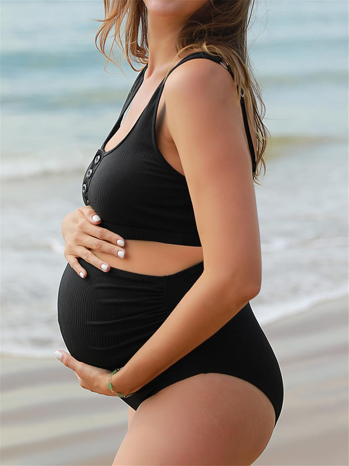 Summer Mae Maternity Ribbed High Waist Swimsuit Crop Top Bikini Bathing Suit High Cut Two Piece Pregnancy Swimwear image number 4