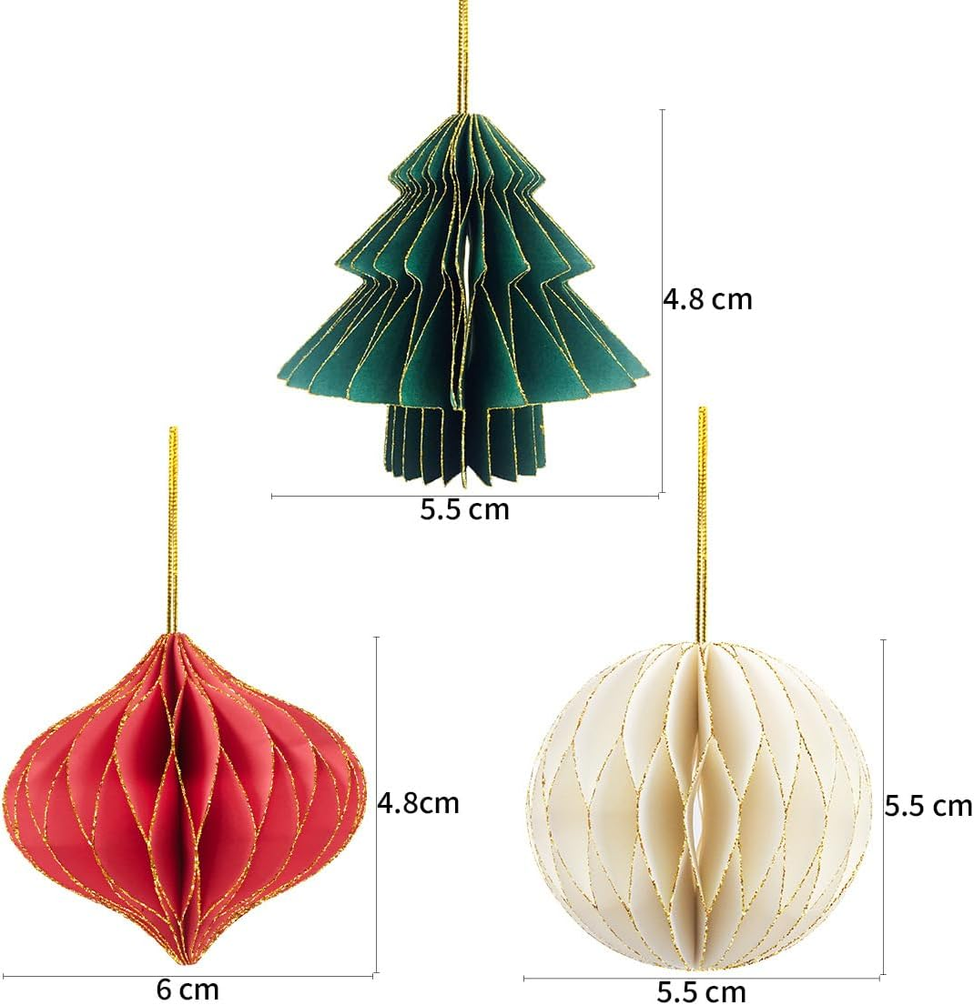 3 Christmas Tree Decorations - Christmas Mini Paper Honeycomb Ball Decoration - with Christmas Tree, Red Lantern and White Ball - Perfect for Christmas Party Decoration image number 1