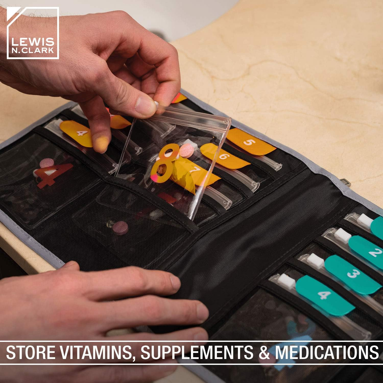 Lewis N. Clark AM/PM Folding Pill Organizer + Supplement Case for OTC Medicine,  + Vitamins - 16 Slot Pouch, Gray image number 3