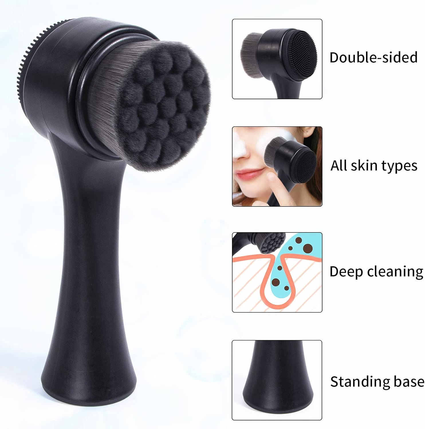 Face Brush 2 in 1, Facial Cleansing Exfoliating Brush with Ultra Fine Soft Bamboo Charcoal Fiber for Pore Deep Cleansing Silicone Double Side Face Wash Scrub Brush for Massaging, Skincare image number 6