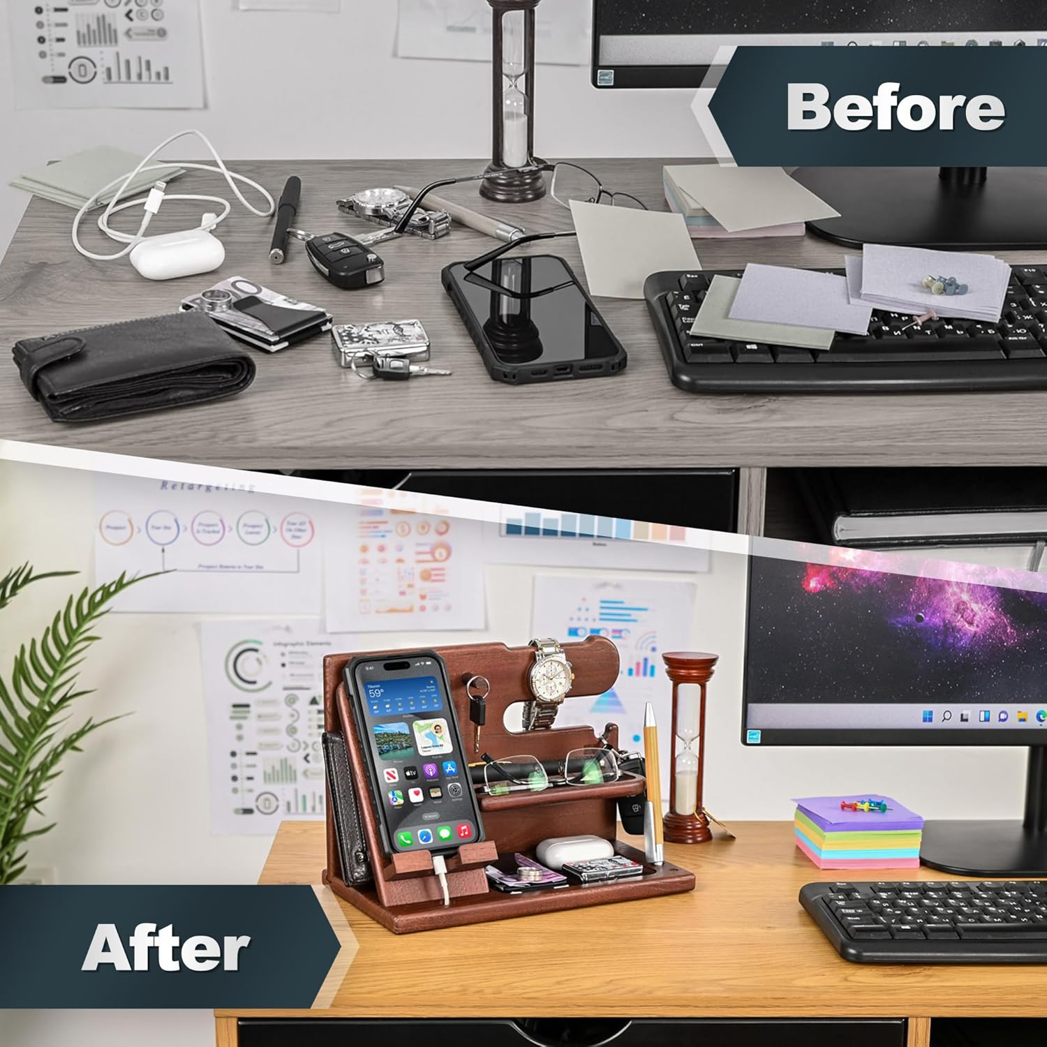 Wood Phone Docking Station Ash Key Holder Wallet Stand Watch Organizer Men Gift Husband Wife Anniversary Dad Birthday Nightstand Purse Father Graduation Male Travel Idea Gadget (Chestnut) image number 2