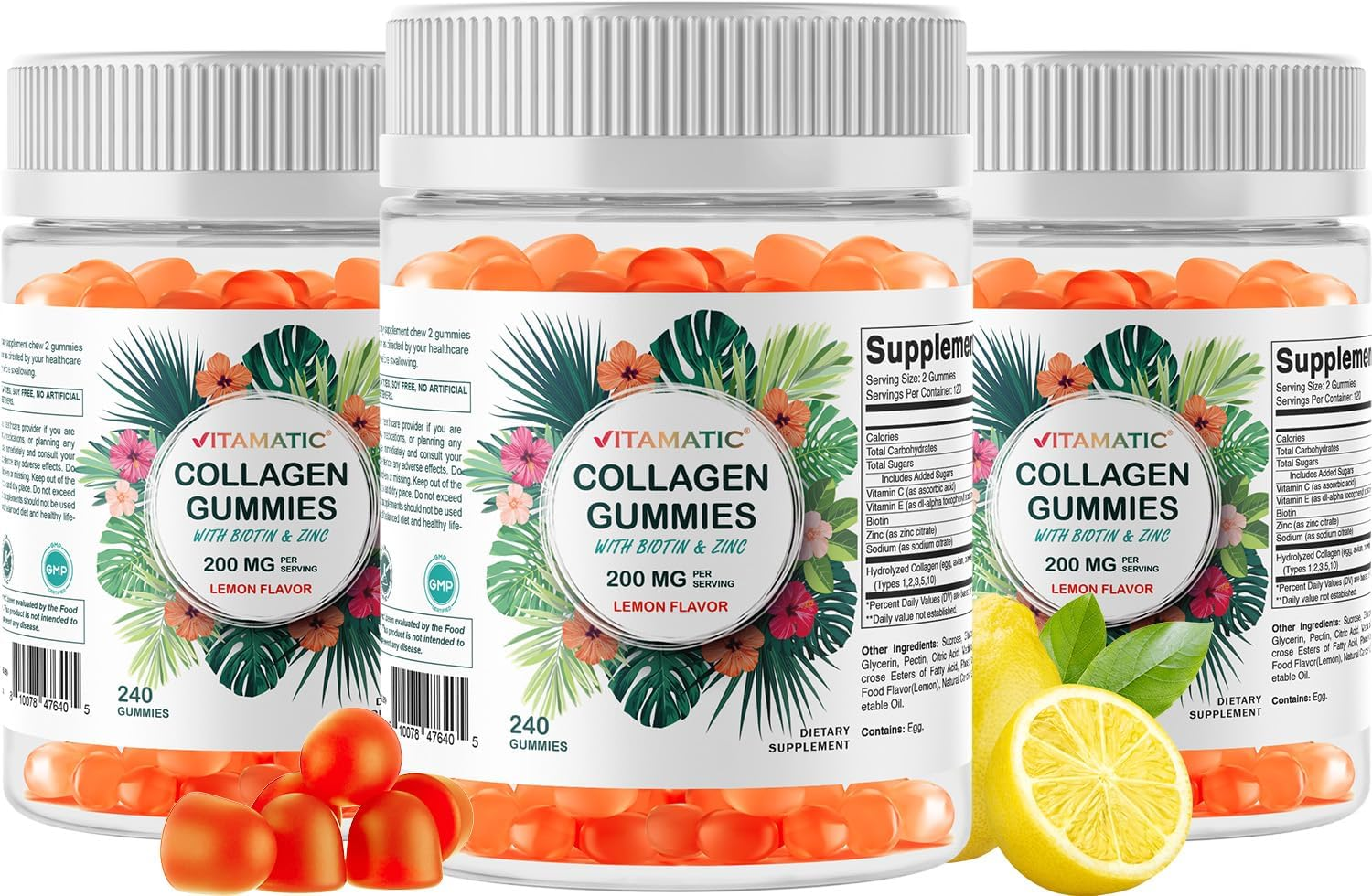 Vitamatic Hydrolyzed Collagen Gummies with Vitamin C, Zinc and Biotin, 200 Mg - Healthy Skin Support - 240 Gummies image number 6