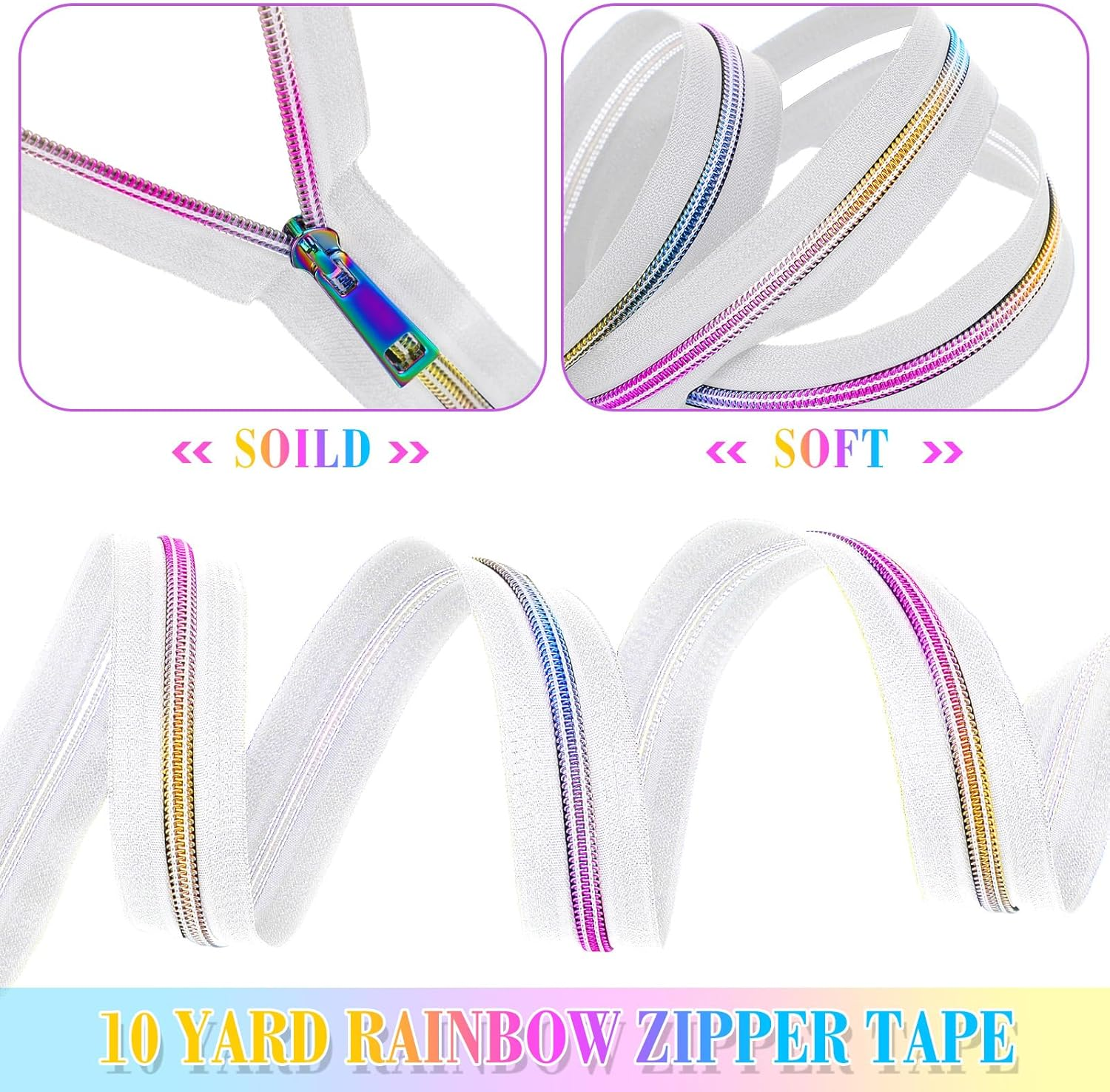 Zeyune #5 Rainbow Zipper Tape by the Yard 10 Yards Rainbow Teeth Nylon Zipper with 20 Pcs Colorful Metal Slider Pulls (10 Styles) for DIY Sewing Tailor Crafts (White)