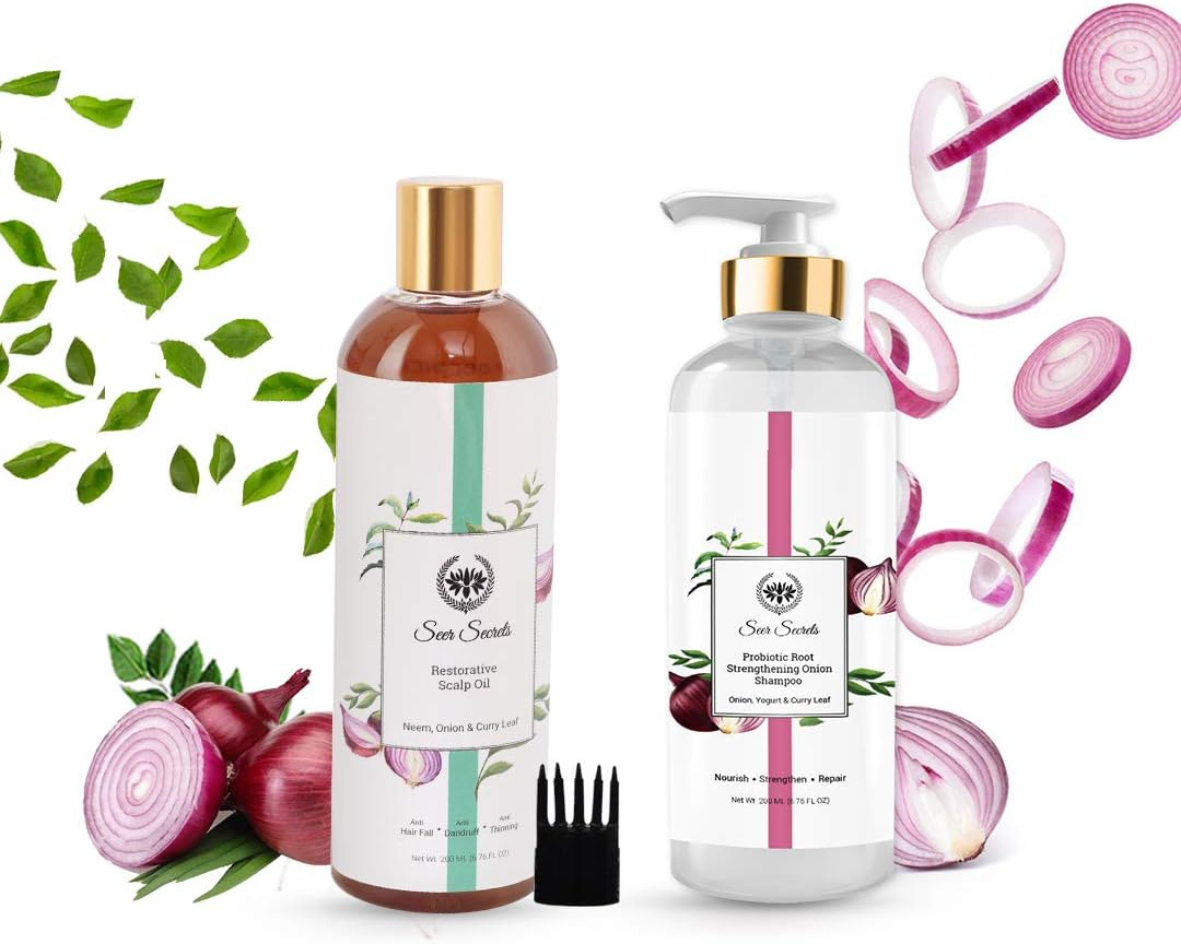 Seer Secrets Natural Onion Hair Pack of Restorative Scalp Curry Leaf, Neem & Onion Hair Oil 200 ML & Seer Secrets Probiotic Root Strengthening Yogurt, Curry Leaf & Onion Shampoo 200Ml- Combo Pack image number 2