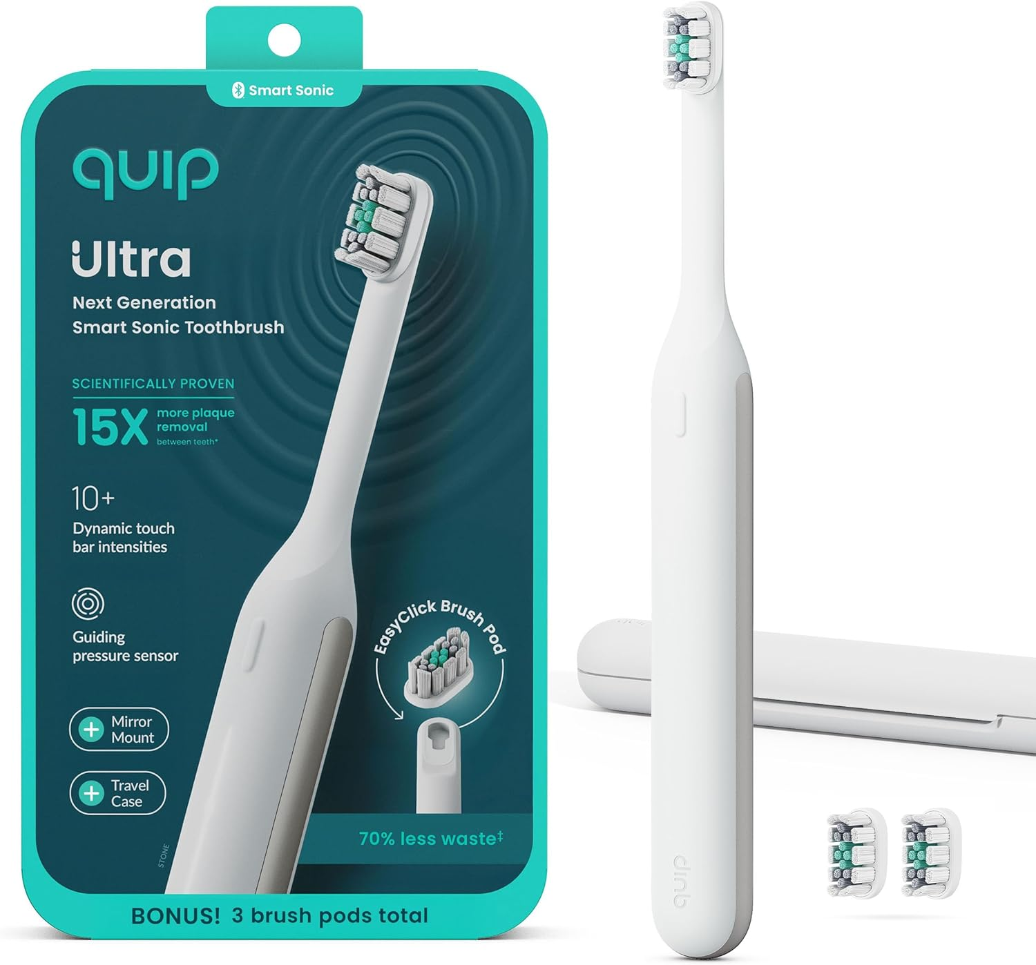 Quip Ultra Next Generation Smart Toothbrush - Timed Electric Toothbrush with Case - Replaceable Brush Head, Soft Bristles, Silicone Handle, 30-Day Battery Life - Travel Toothbrush - Eclipse
