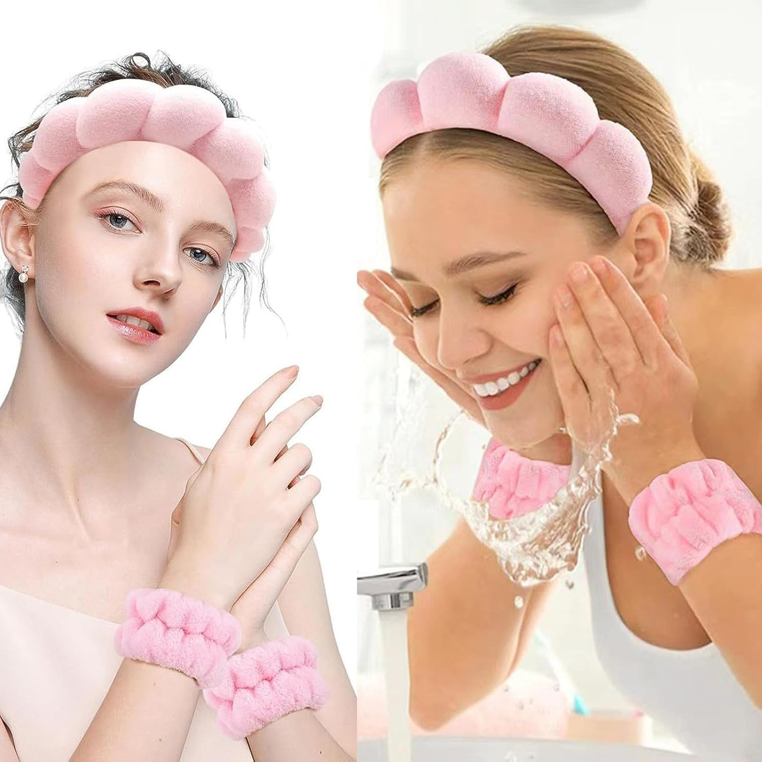 SHUNYUNG Skincare Headband Set, 6 Pieces Pink Spa Headband with Wristbands and Hair Clips image number 3
