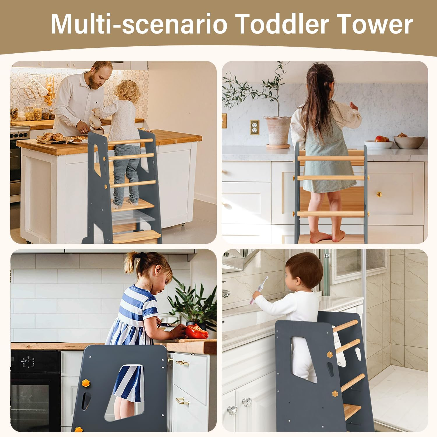 Learning Tower Toddler Tower, Timkos Kids Step Stool, Toddler Step Stool with Adjustable Height, Non-Slip Strips and Anti-Slip Pads, Kids Kitchen Tower, Standing Tower for Bedroom image number 4