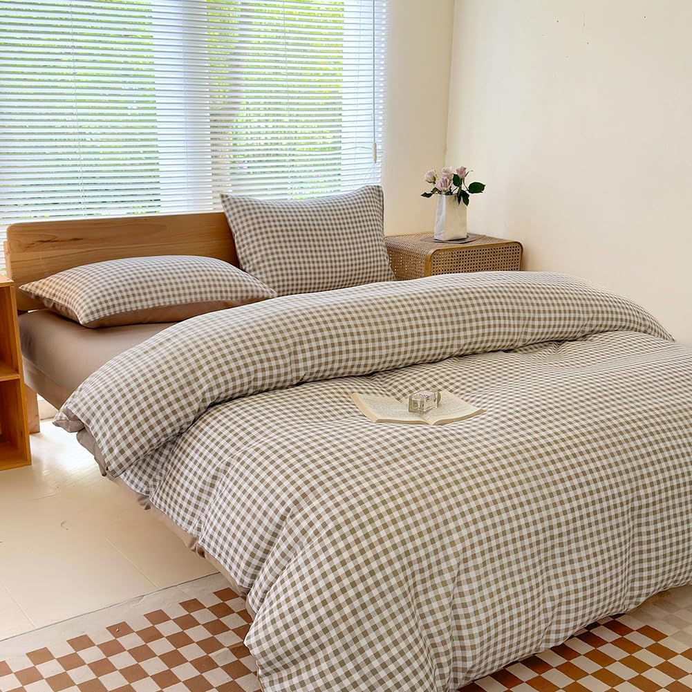 NSNLGSGC Queen Gingham Grid Duvet Cover Set Tan- Washed Microfiber Plaid Comforter Cover Set Brown Soft & Lightweight Breathable Clean Bedding Set(3Pcs, Queen) image number 2