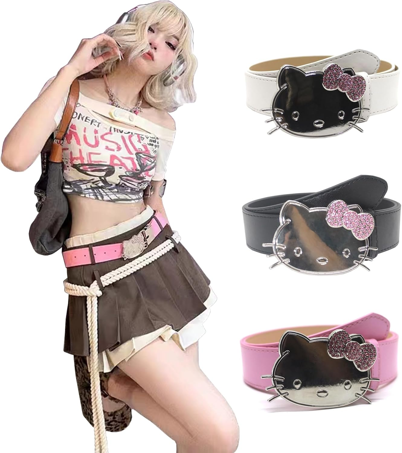 Kitty Cat Y2K Hip Hop Korean Belt for Women - Jeans Skirt Accessory - 105 * 3.3 Cm/41.3 * 1.3 In