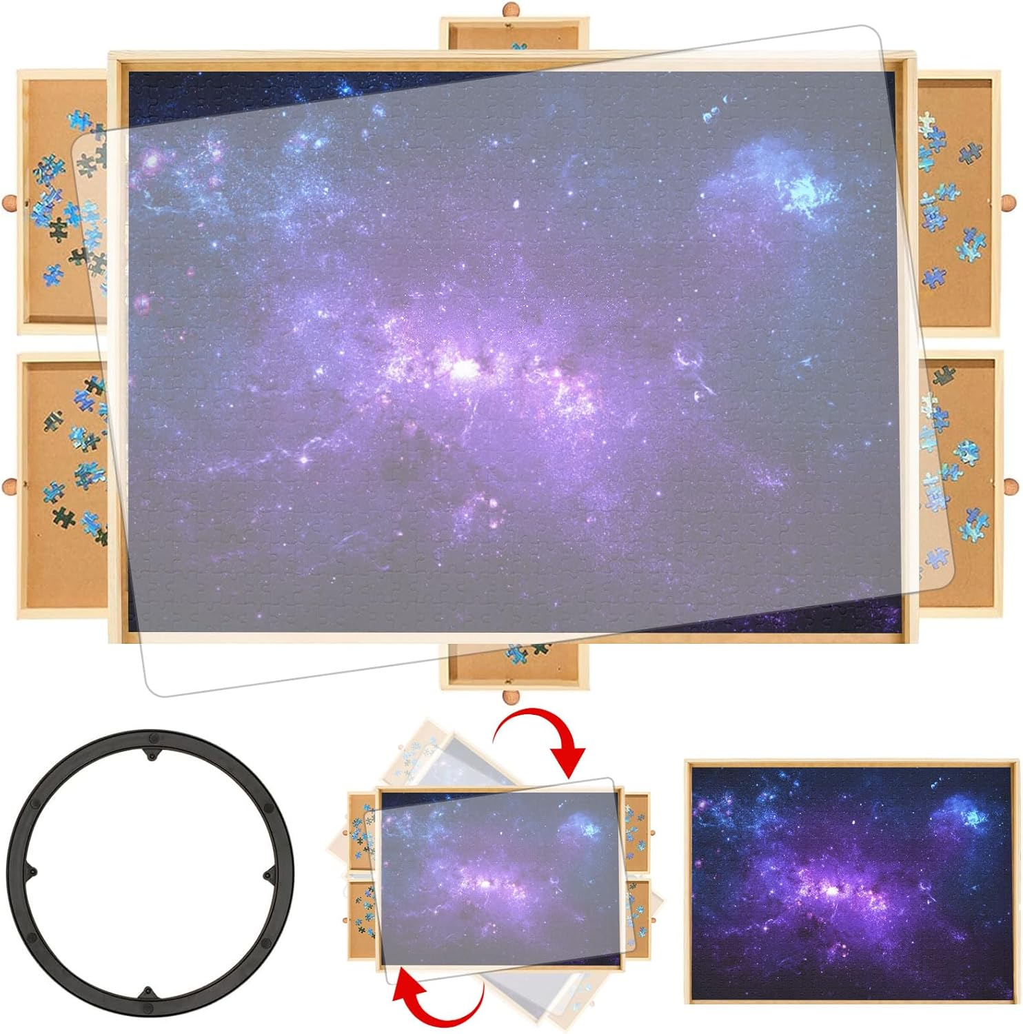 1500 Piece Puzzle Board Game Table Rotating Puzzle Board with Drawers Jigsaw Puzzle Tables for Adults and Kids with Puzzles Cover Bits and Pieces Jigsaw Board Wooden Jigsaw Puzzle Trays for Sorting image number 1