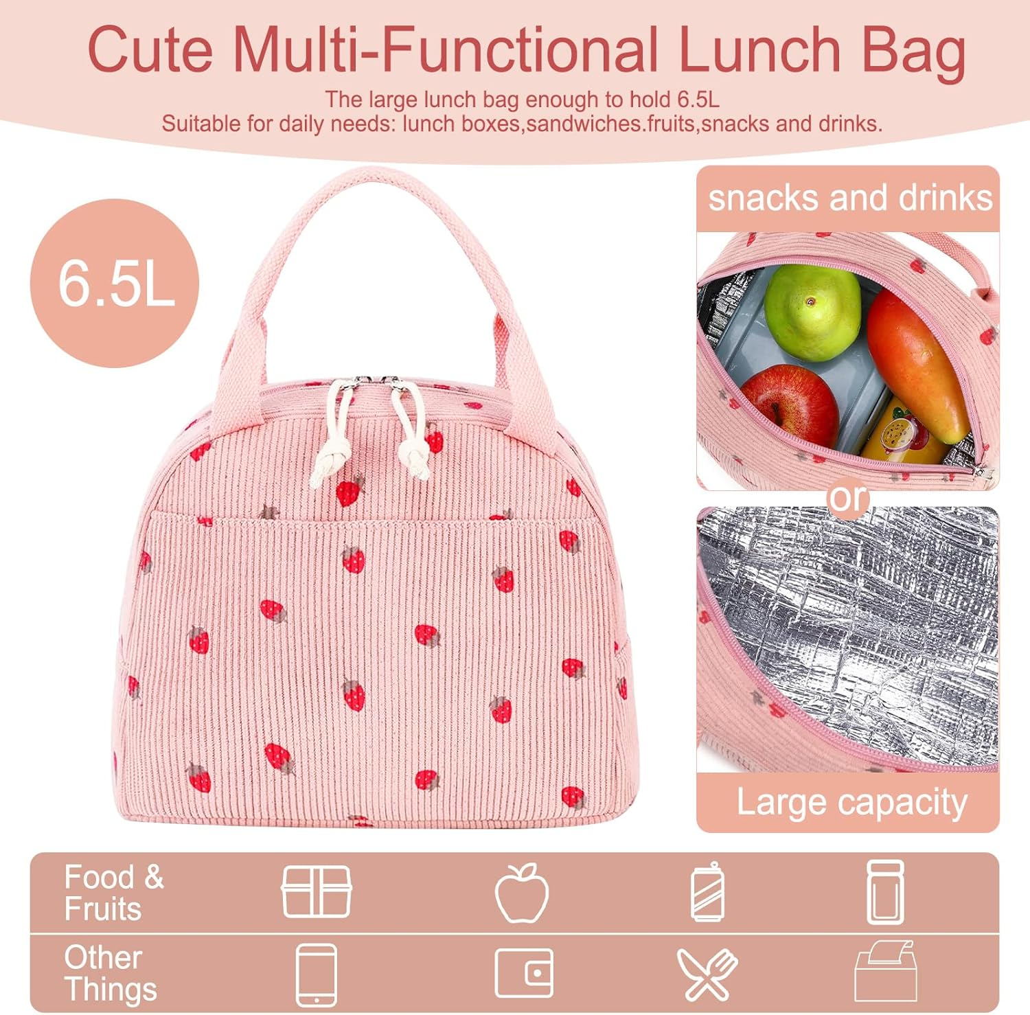 Lunch Bags for Women Insulated Cooler Lunch Bag Adults Kids Packed Lunch Box Tote Bag Cute Girls Ladies Lunch Bags for Work School Picnic Travel Pink Preppy Stuff Gifts for Teenage Girls Daughter - Beige Strawberry image number 4