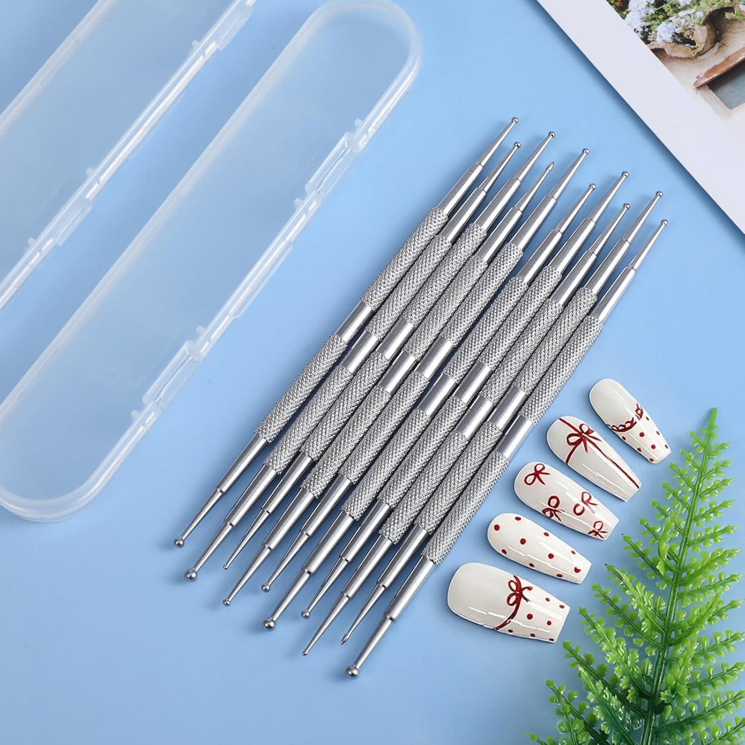 Elevatetech 10 Pcs Nail Dotting Tools, Professional Ball Tip Nail Art Dotting Tools Metal Dual-Ended Dot Pen Tool Nails Art Kit for Nails Design Ball Embossing Sculpting Tracing Pottery Clay Tool image number 5