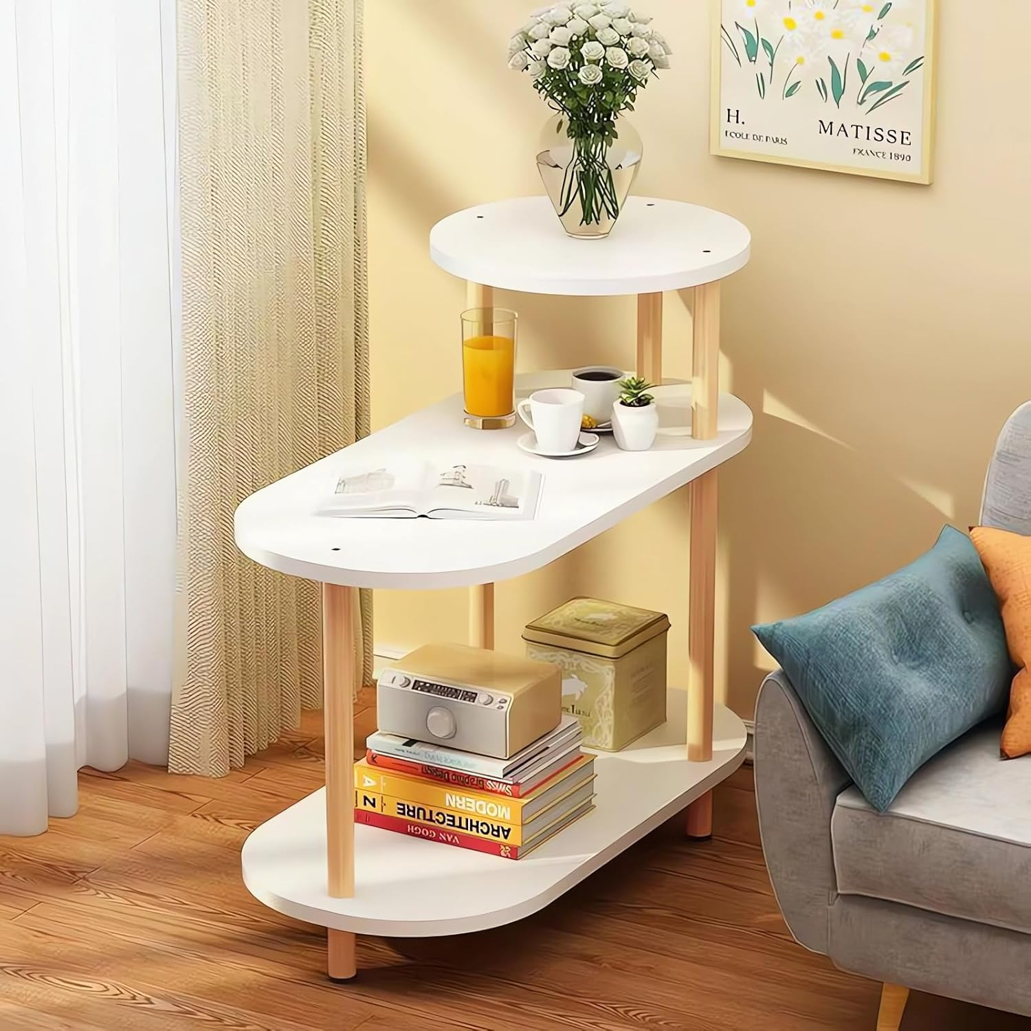 Wooden Side Table with Shelves, 2 Tier, round and Oval Tops End Tables (Dark Wood)