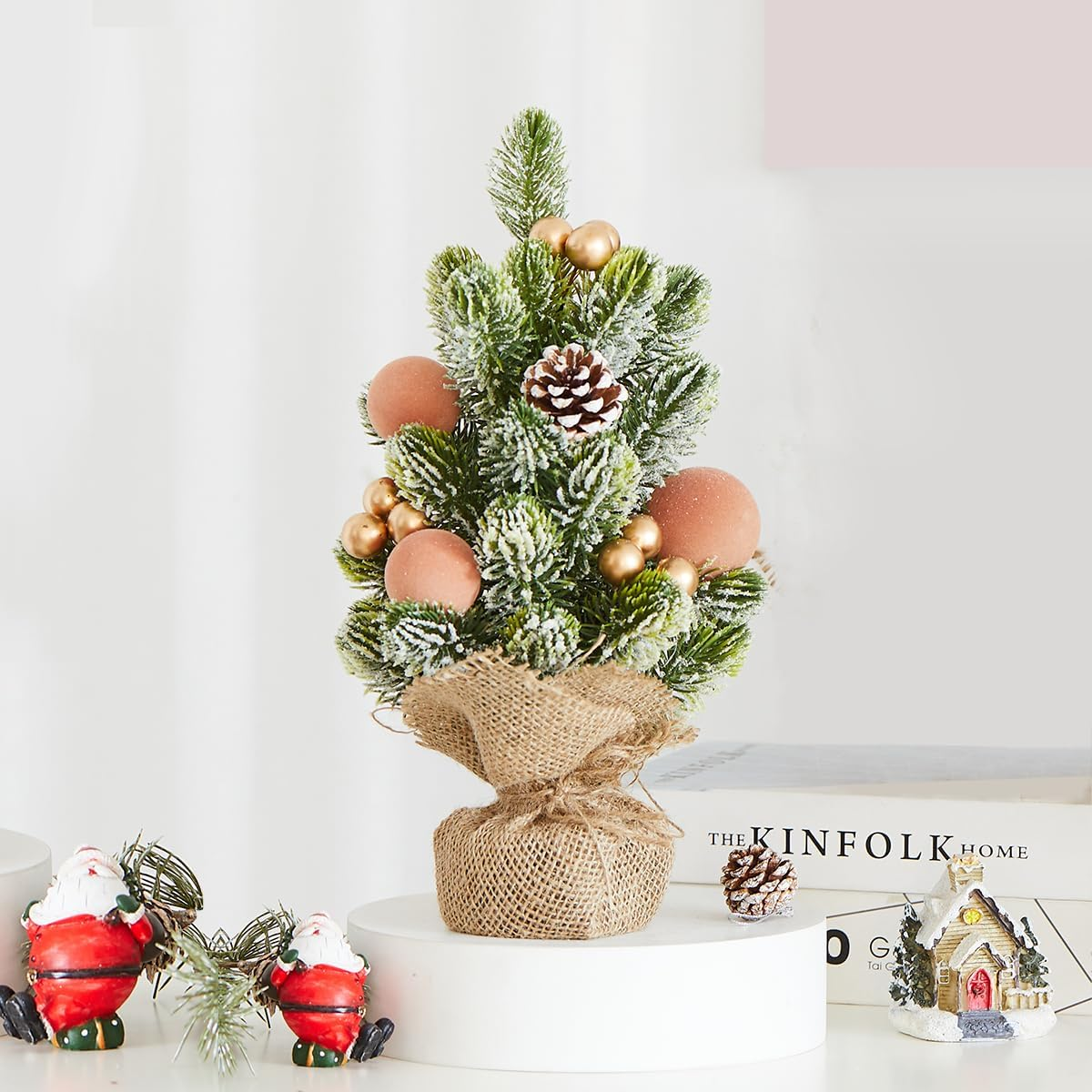 Burlap Small Christmas Tree Decor with Lights - Mini Tabletop Artificial Tree Centerpiece Christmas Gift Indoor Home Office Desk Holiday Decorations(Gold Ornament)