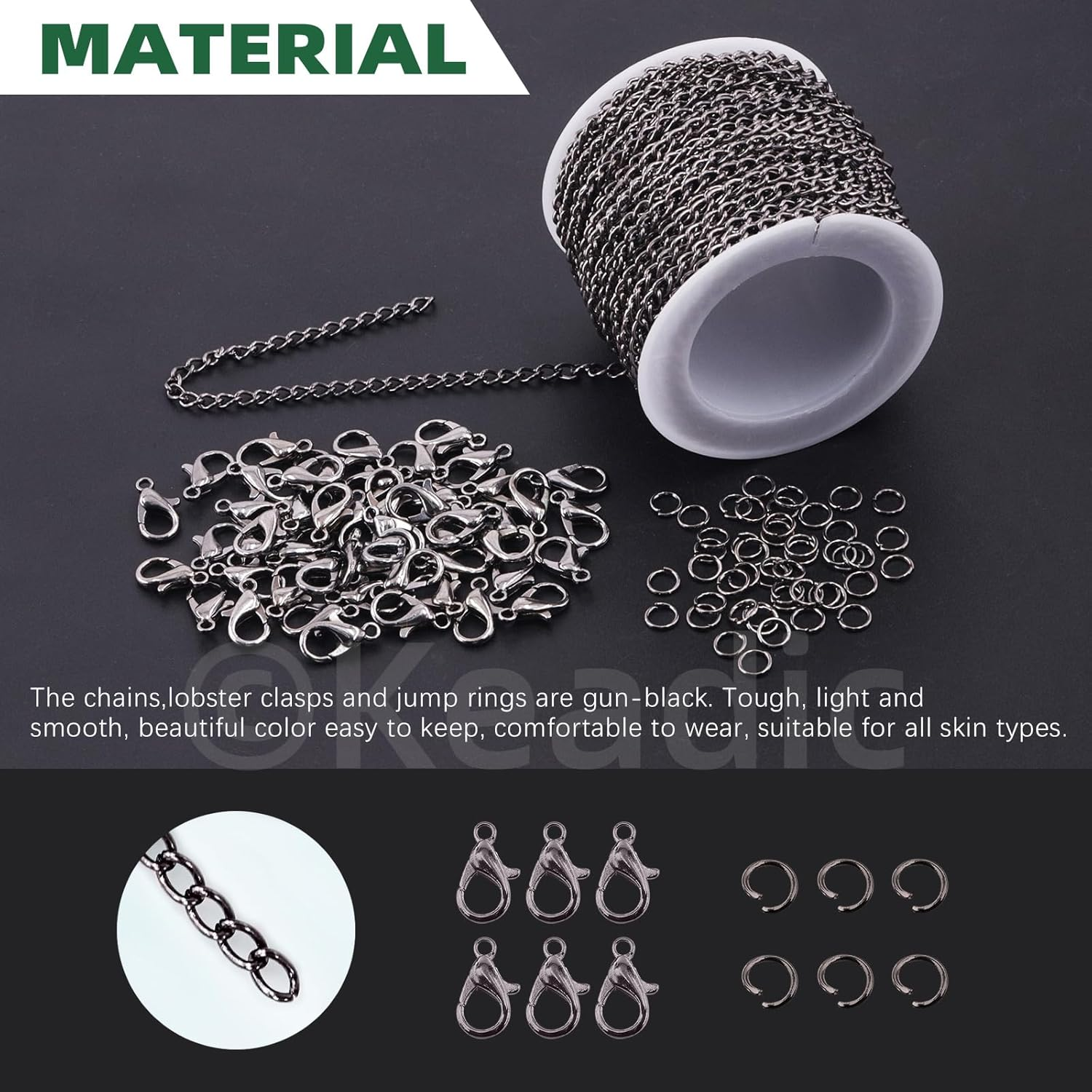 Keadic 102Pcs 30 Feet Jewelry Making Chains Kit W 3Mm Metal Necklace Twisted Links Chain, Lobster Clasps, Open Jump Rings and Jewelry Pliers for Bracelet Earring Anklet DIY (Gun-Metal) - Copper image number 2