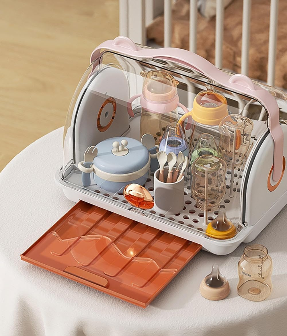 TOMVAES Baby Bottle Storage Box, Drying Rack, Drawer Type Drain Tray, Removable Cup Holder, Transparent Clamshell Design, for Toddler Bottles and Storage Box (Orange) - Blue image number 7