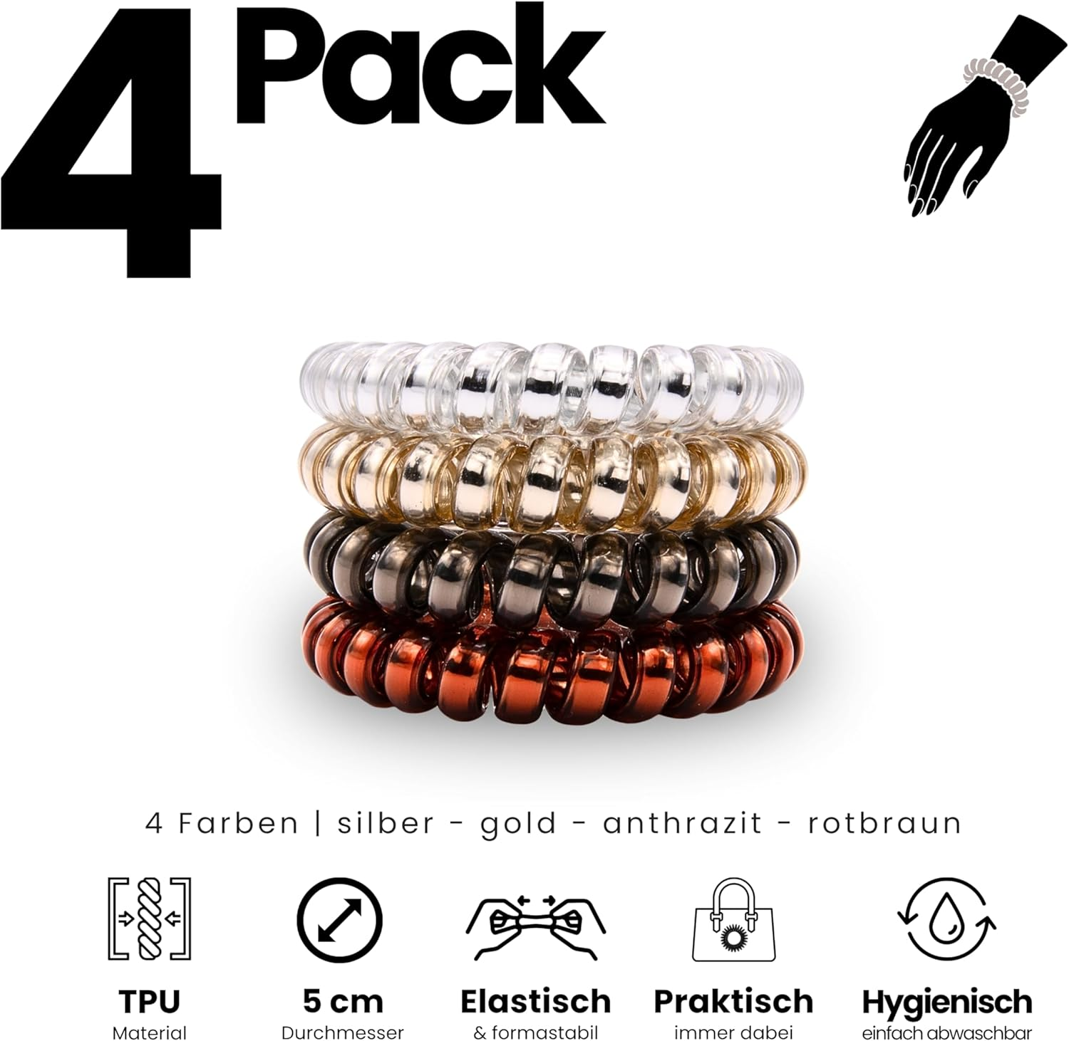 Specora Spiral Hair Scrunchie 4 Colours Mix Pack of 4 &ndash; 5 Cm &ndash; Telephone Cable Scrunchie &ndash; No Pulling & Tangling &ndash; Elastic, No Marks, Gentle on Hair