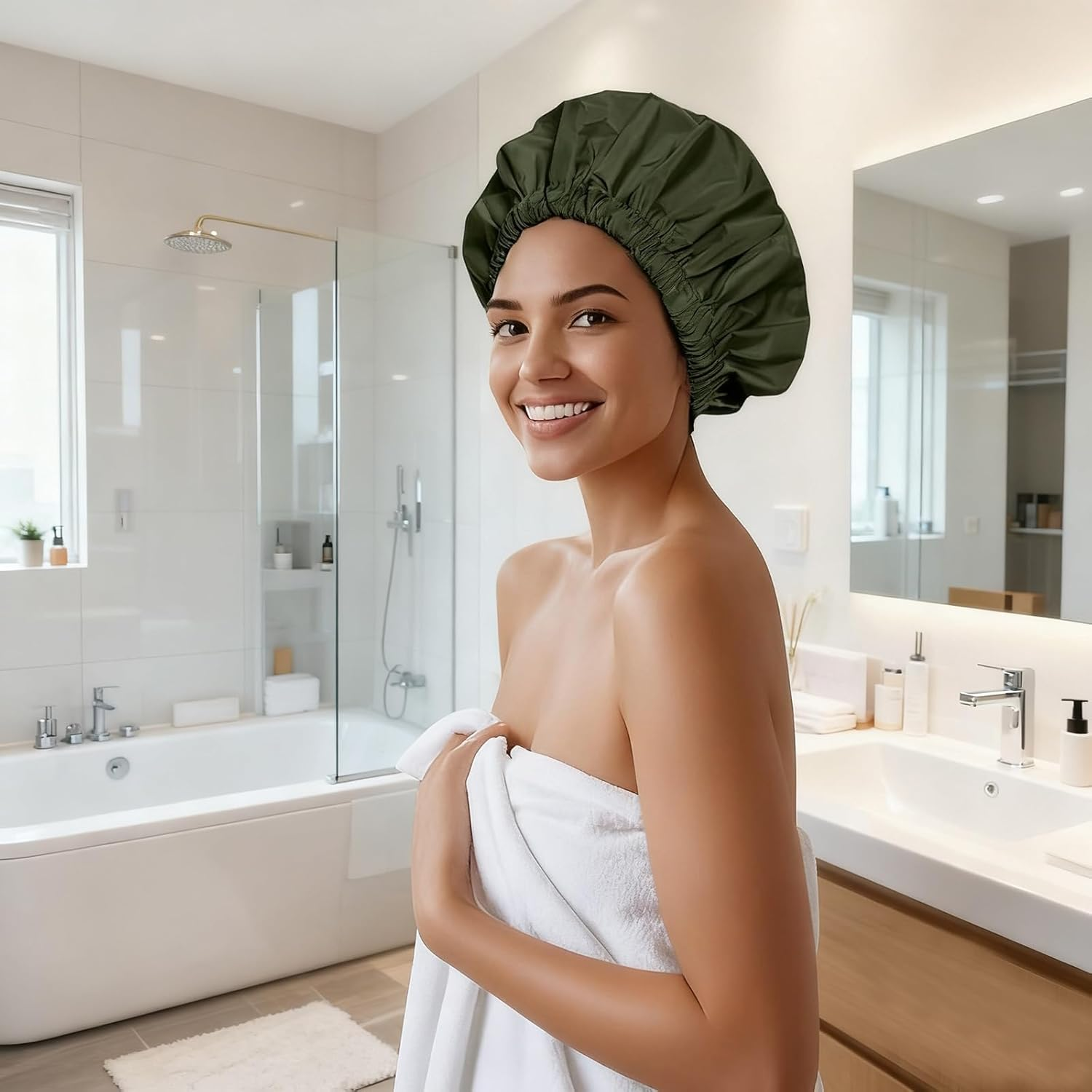 Suytvenxau Reusable Shower Cap for Women, Large Waterproof Shower Bonnet Washable Elastic Band Bath Hair Hat Shower Caps for Long Hair, Braids(Green) image number 1