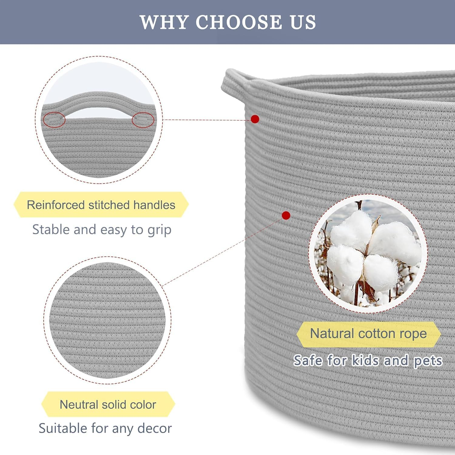 Large Blanket Basket，Large Storage Basket，Gray Wicker Woven Cotton Rope Baskets for Storage, Cotton Rope Blanket Basket for Living Room, Laundry, Nursery, Pillows, Baby Toy Chest （Gray） image number 6