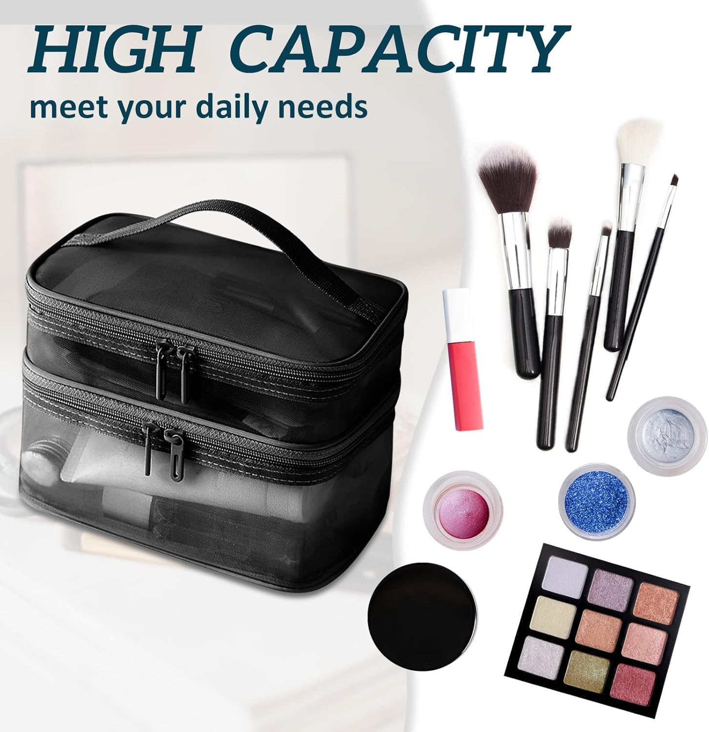 Double Layer Mesh Makeup Bag，Cosmetic Bag，Small Travel Kit Storage Pouch Clear Portable Toiletry Bags image number 3