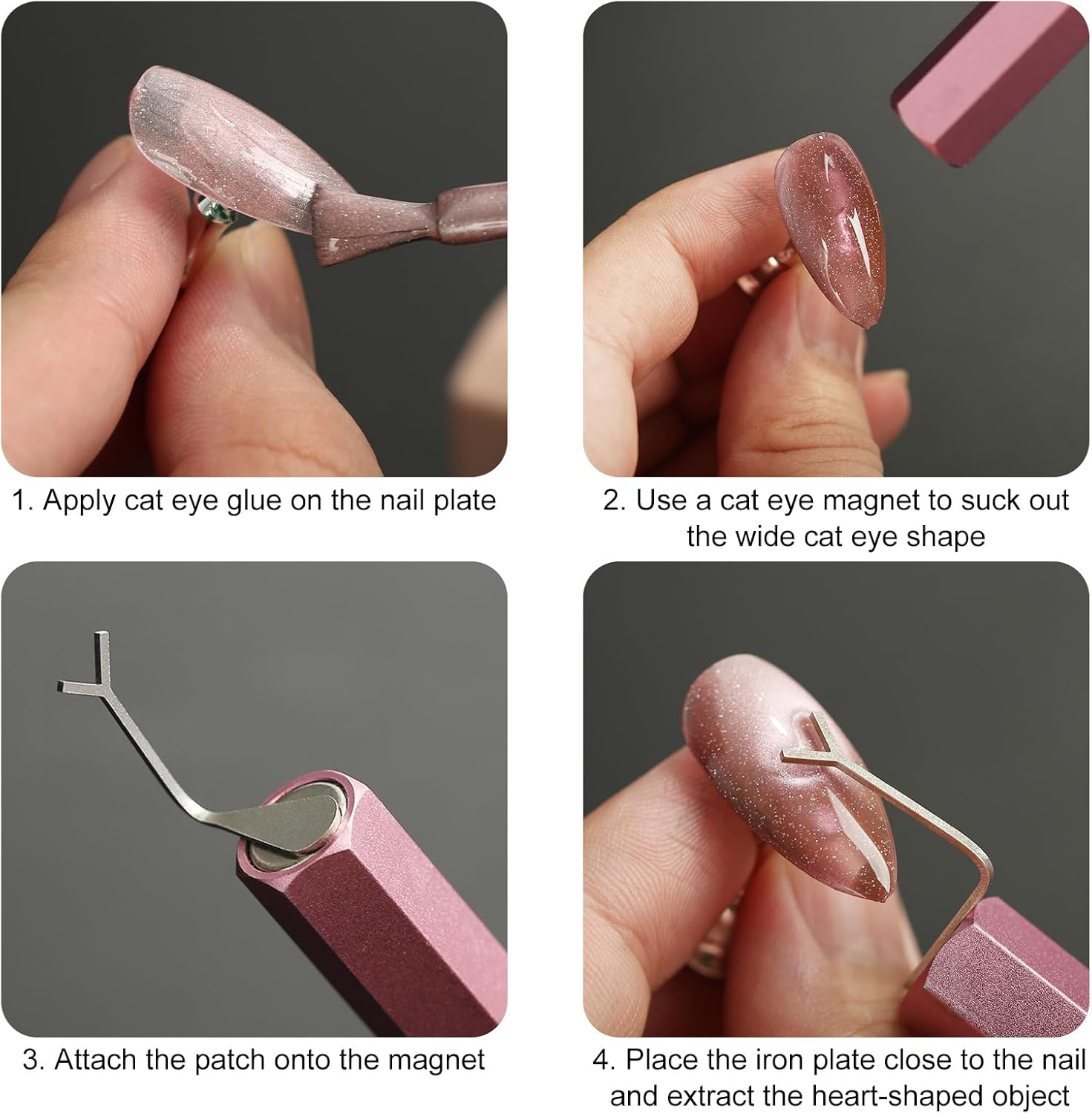 C12Rtive Heart Cat Eye Nail Magnet Tool,4 Pcs Professional Stainless Steel Heart Cat Eye Nail Magnet Tool for Cat Eye Gel Nail Polish,Suitable for Personal DIY, Nail Studio or Nail Salon image number 1