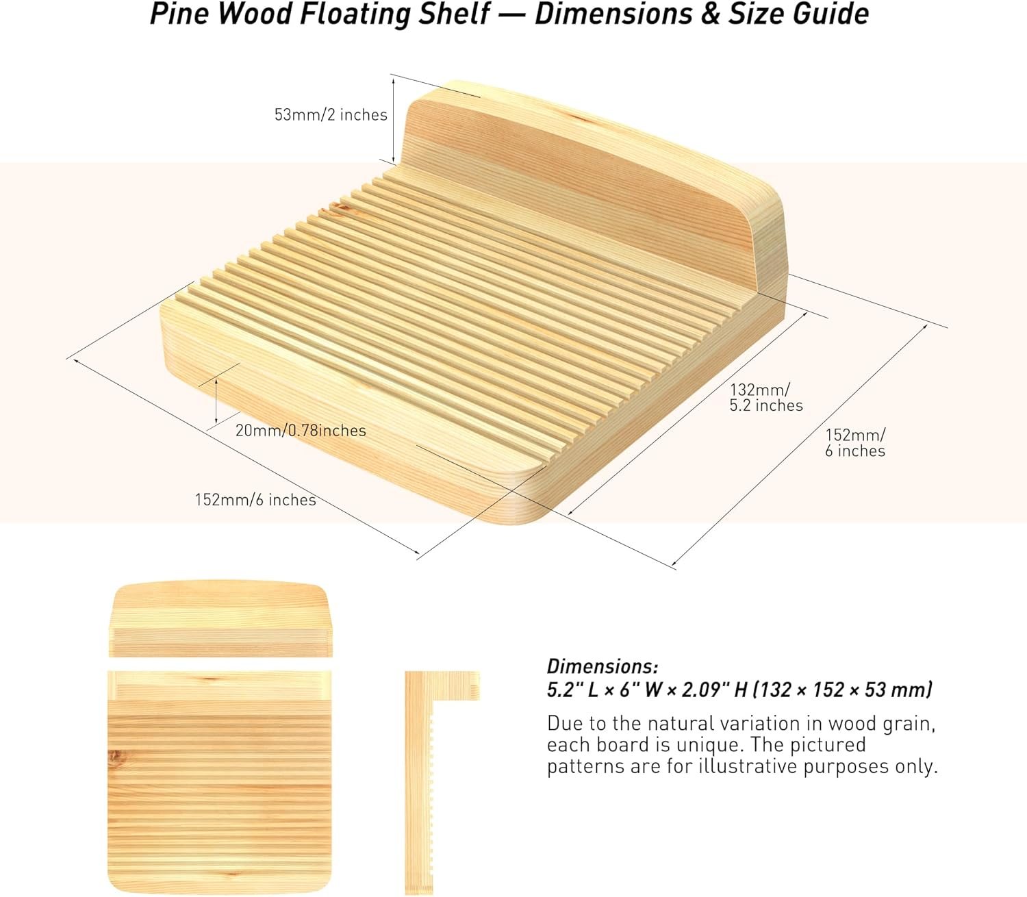 Floating Shelves for Wall. 6"X6" 2-Pack, Solid Wood with Slotted Surface for Breathable Anti-Slip, Rounded Corners, French Cleats, Easy Install for Bedroom, Living Room, Bathroom（Natural Pine） image number 3